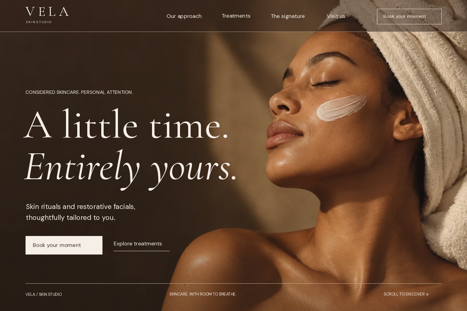 VELA Skin Studio — Essential one-page website concept