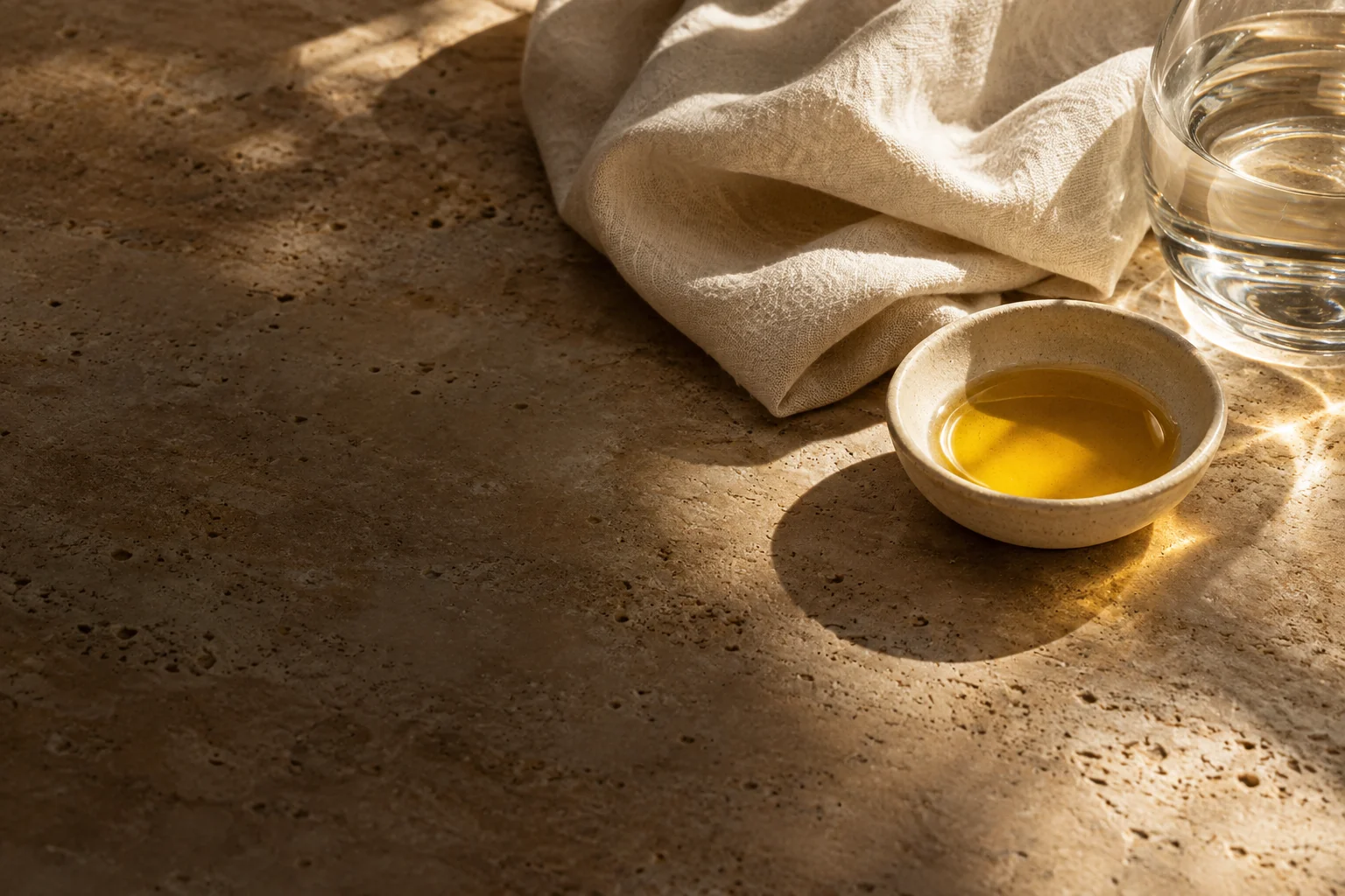 Ivory linen, a ceramic oil dish and glass on warm stone