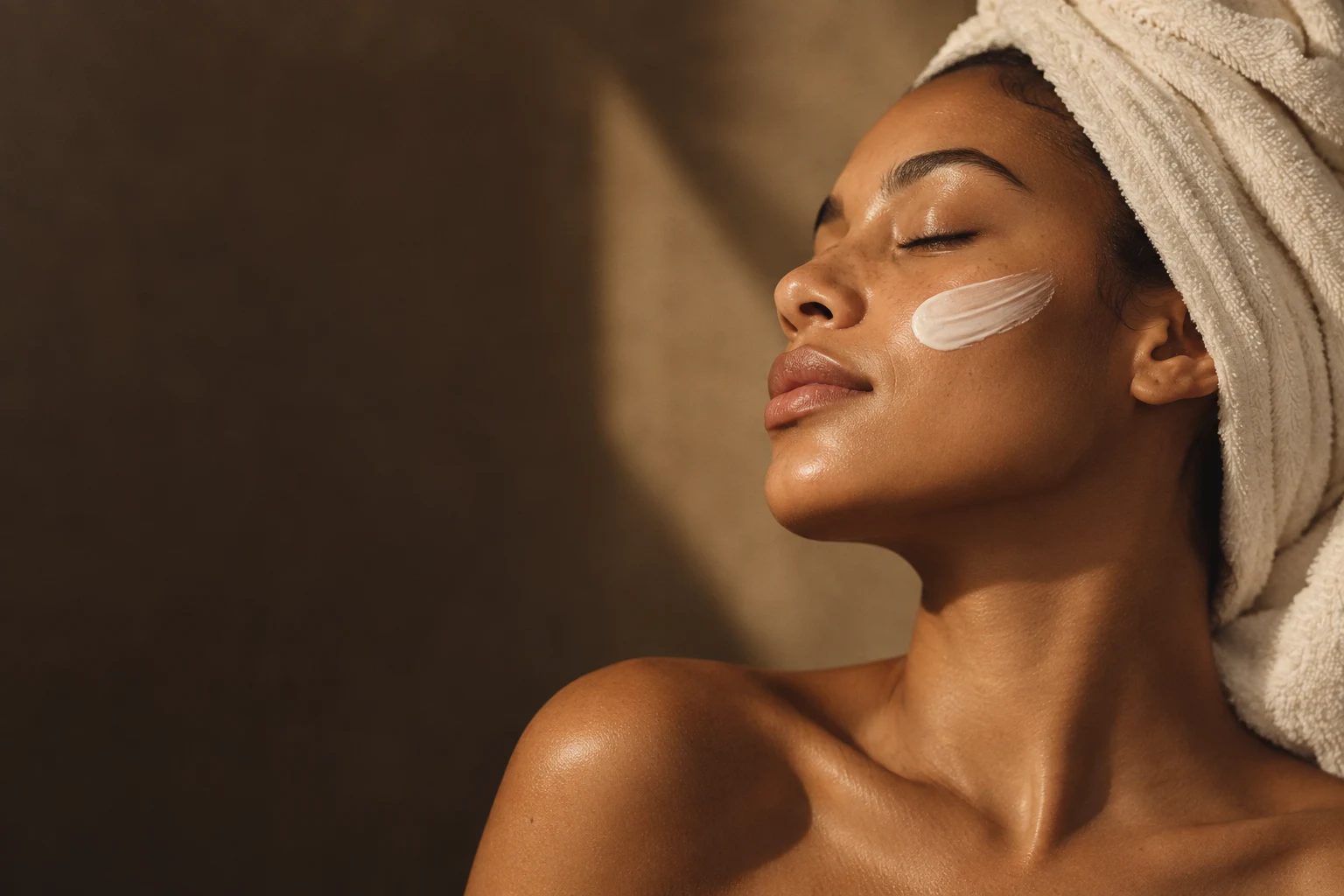 Editorial skincare portrait in warm natural light