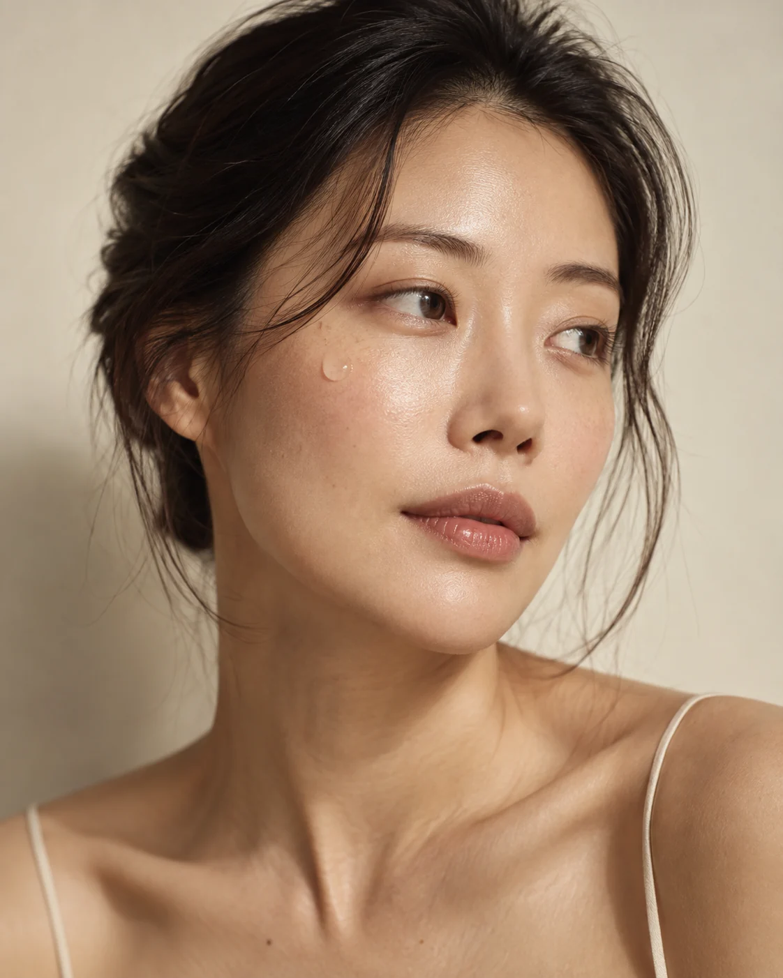 Editorial skincare portrait with a drop of serum