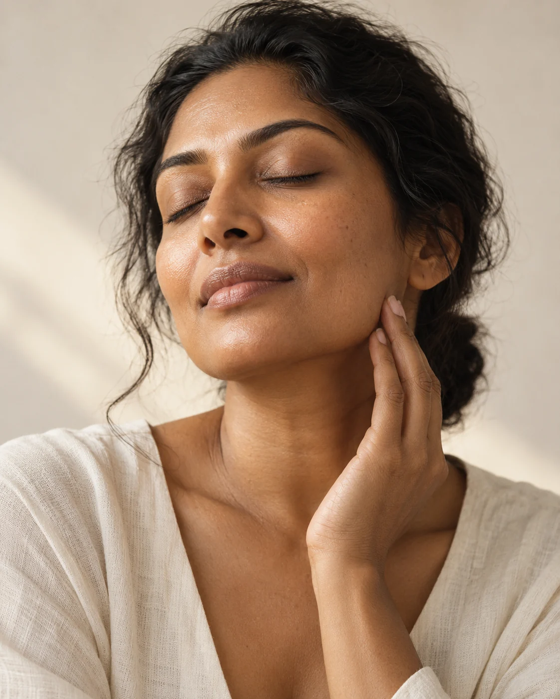 Editorial portrait of a woman resting her fingertips against her jaw